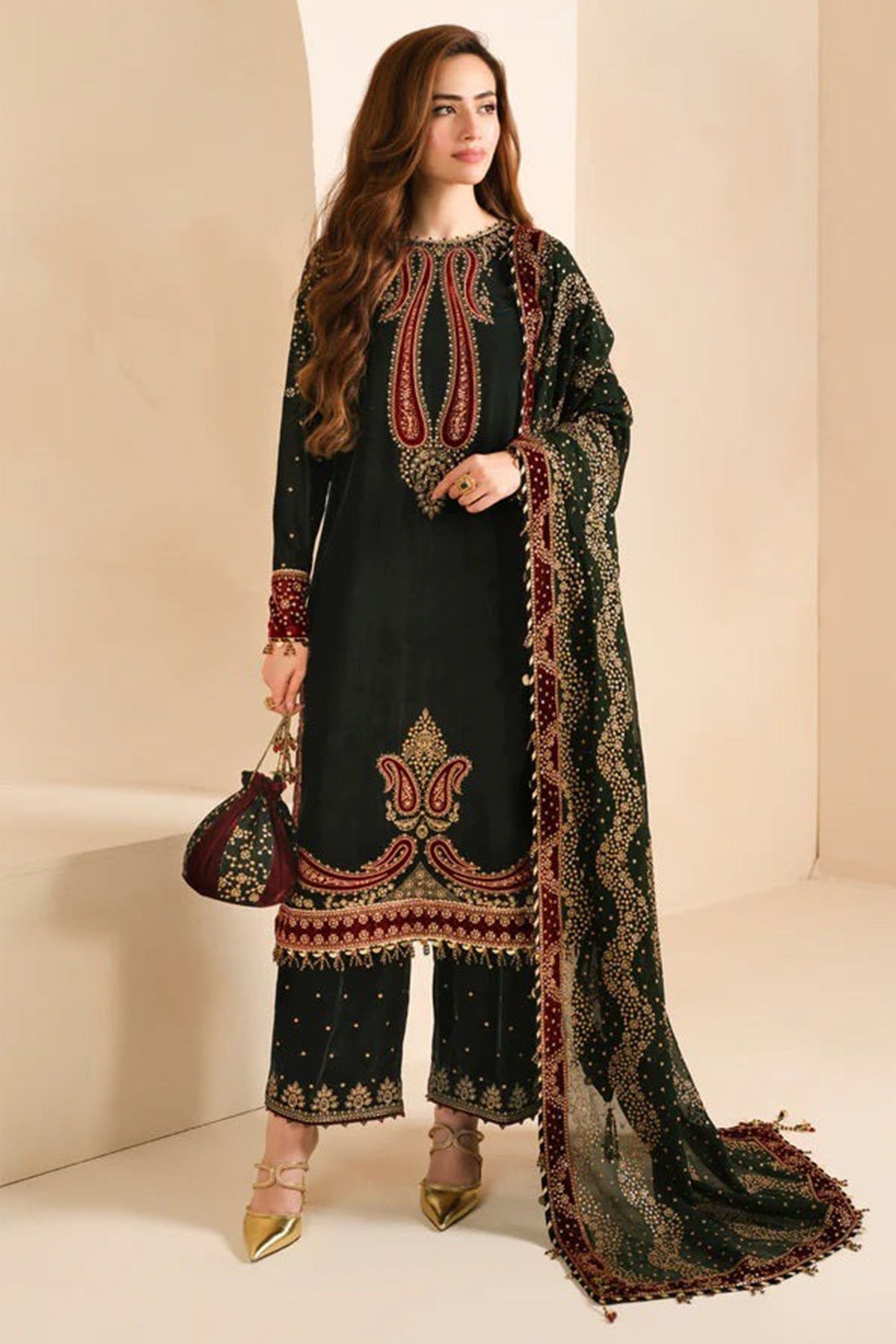 CF1104 -Winter Jazmin Velvet Embroidered with Printed organza duppatta Winter Collection