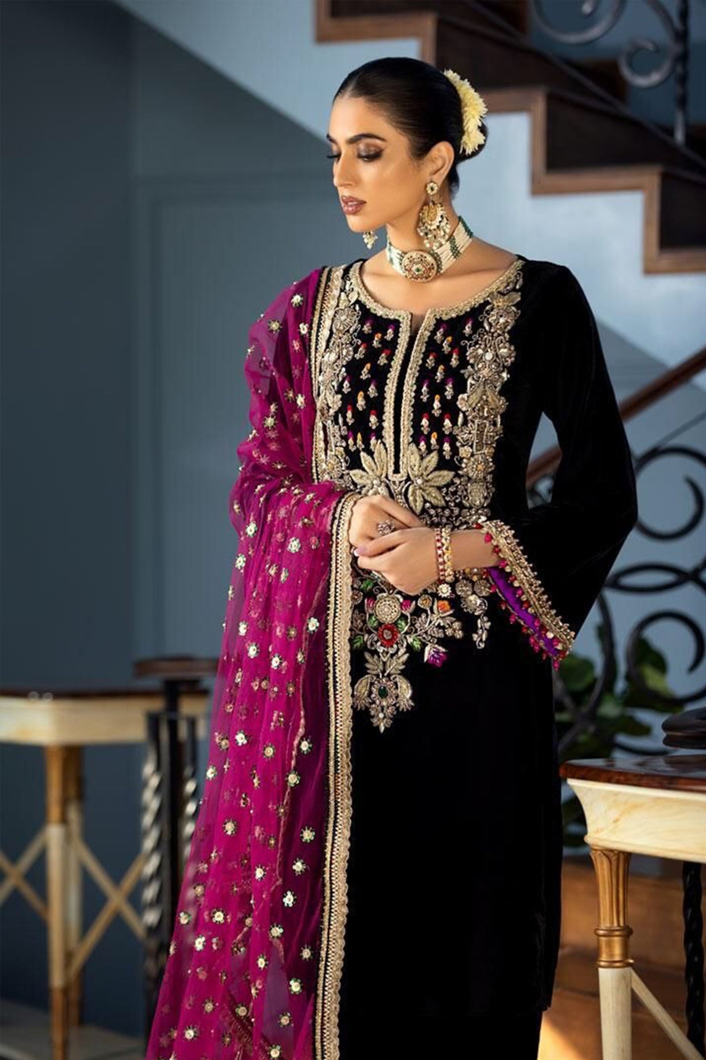 CF1115-Winter Maria b Velvet Embroidered with Embroidered duppatta Winter Collection