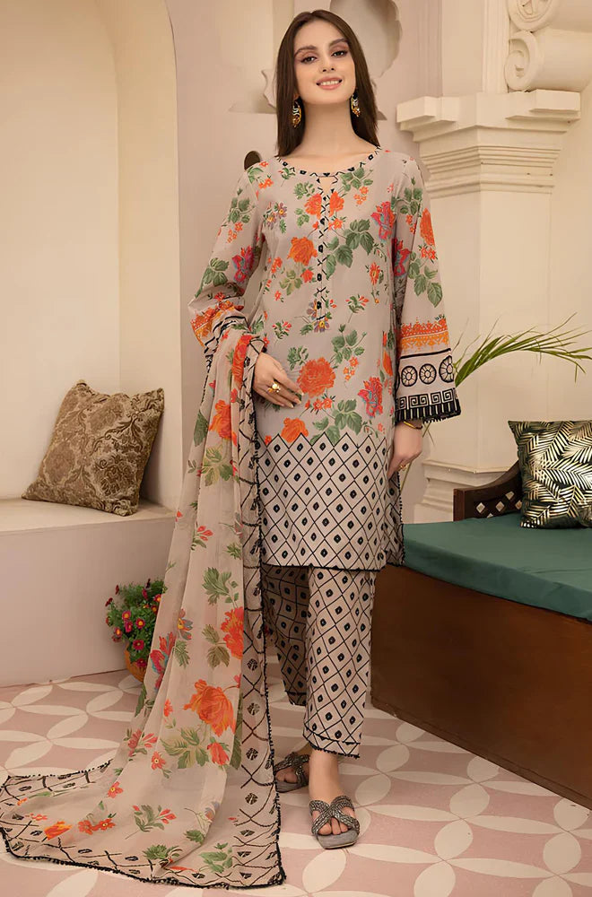 CF700-SUMMER 3Pc Digital Printed Lawn Shirt With Printed Lawn Trouser And Daimond Dupatta