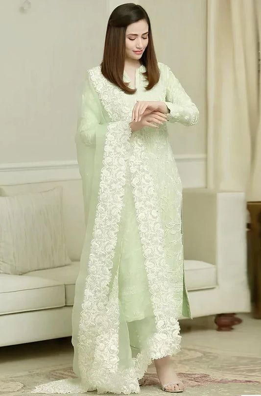 CF001-Pista- 3PC Lawn Heavy Embroidered Shirt With Organza Embroidered Dupatta