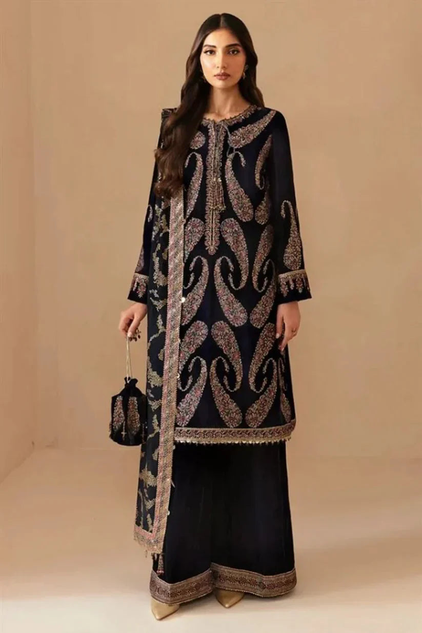 CF1101v-Jazmin Velvet Winter Embroidered 3 Piece Dress With Organza embroidered Dopata