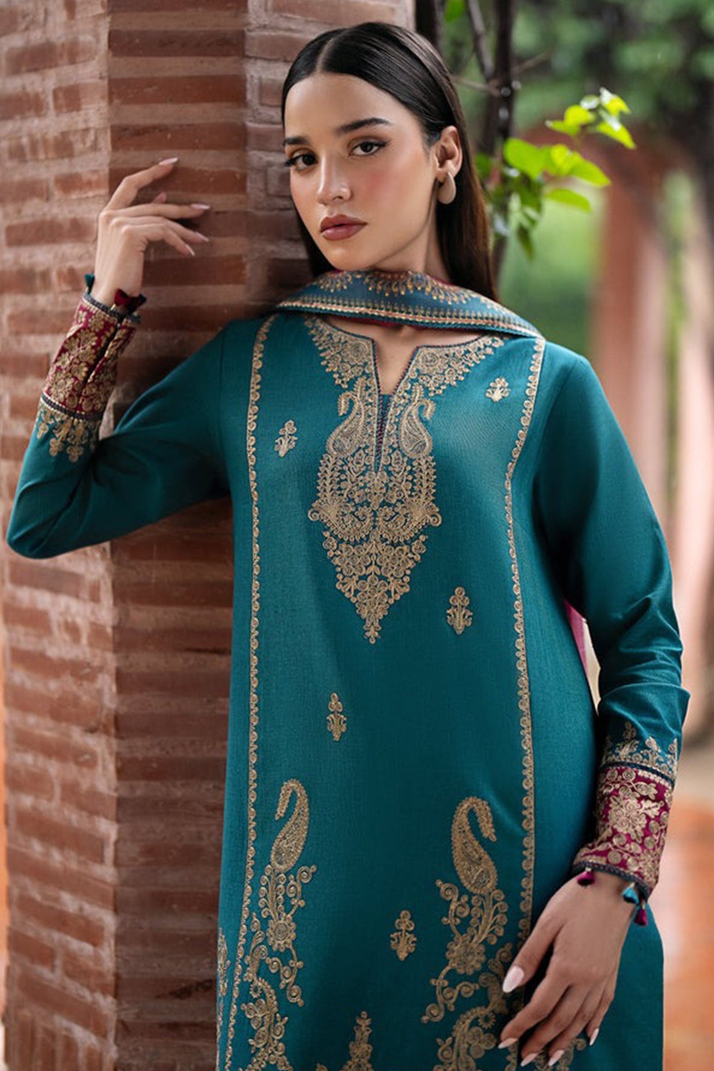 CF1103-Winter Jazmin 3PC Dhanak Embroidered suit with Printed Shawll