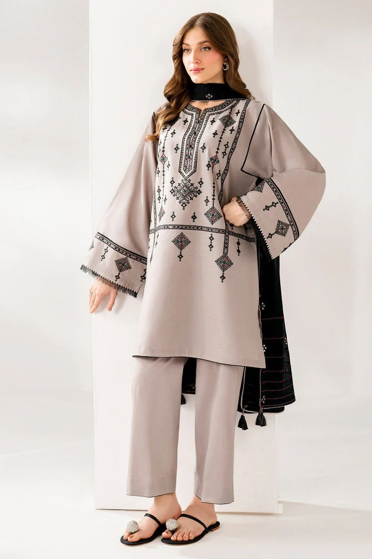 CF1237 Winter 3PC DHANAK EMBROIDERED SHIRT WITH DHANAK EMBROIDERED SHAWL AND TROUSER-BIC-
