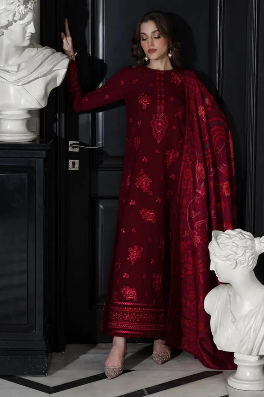 CF1238 UNSTITCHED WINTER BATIK-3PC DHANAK EMBROIDERED SHIRT WITH COURTRAI PRINTED SHAWL & TROUSER-