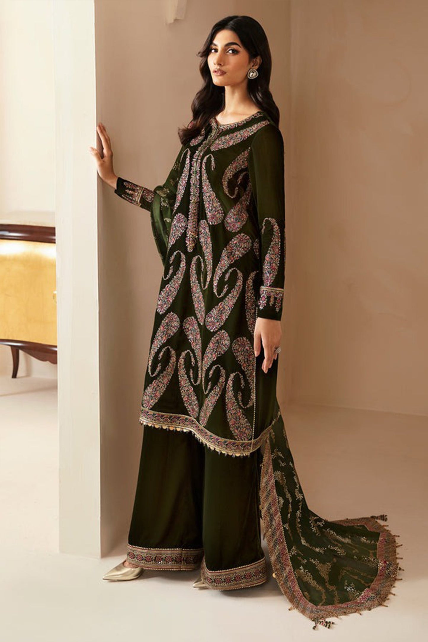 CF1106 Winter jazmin Embroidered Velvet Dress With Organza embroidered Dopata