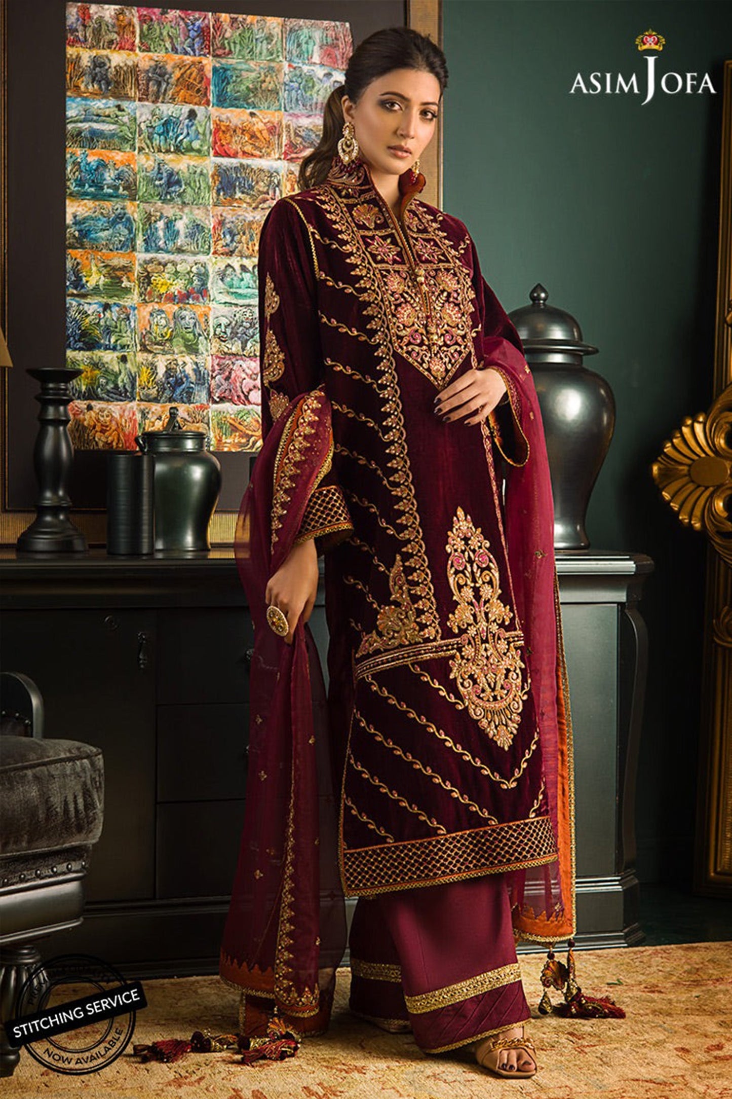 CF1113 Asim jofa Winter Embroidered Velvet Dress With Organza embroidered Dopata