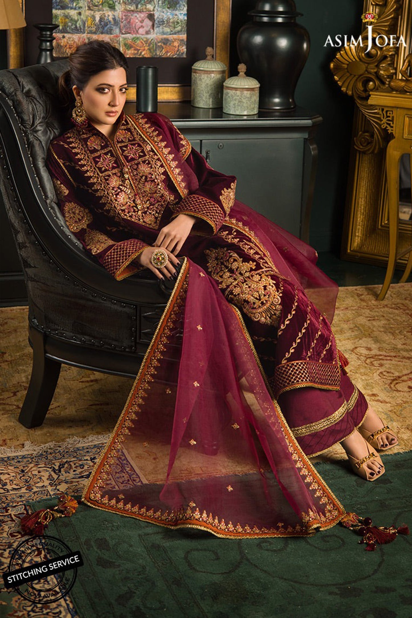 CF1113 Asim jofa Winter Embroidered Velvet Dress With Organza embroidered Dopata