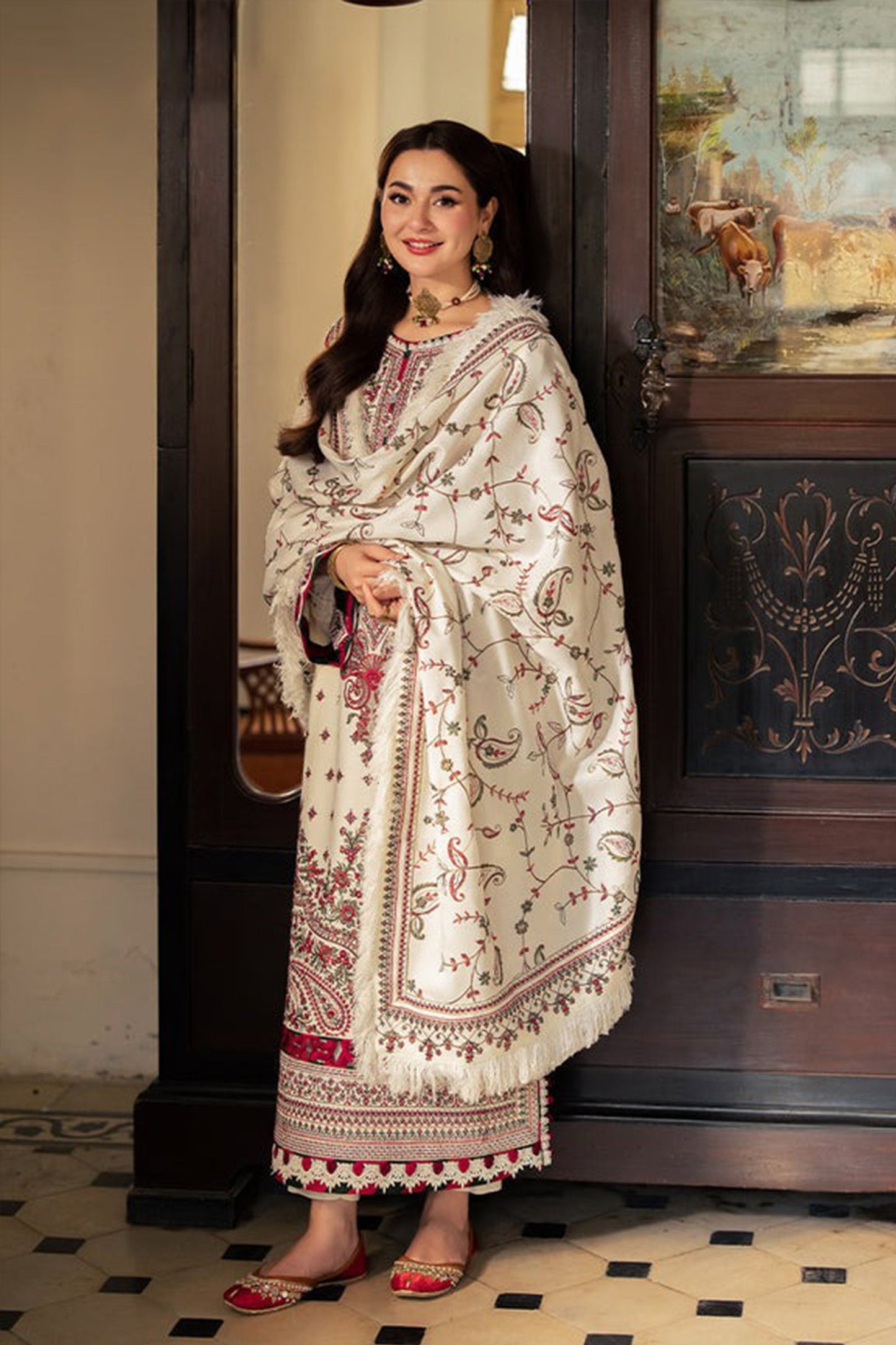 CF1120-Winter ASIM JOFA-3PC DHANAK EMBROIDERED SHIRT WITH DHANAK EMBROIDERED SHAWL