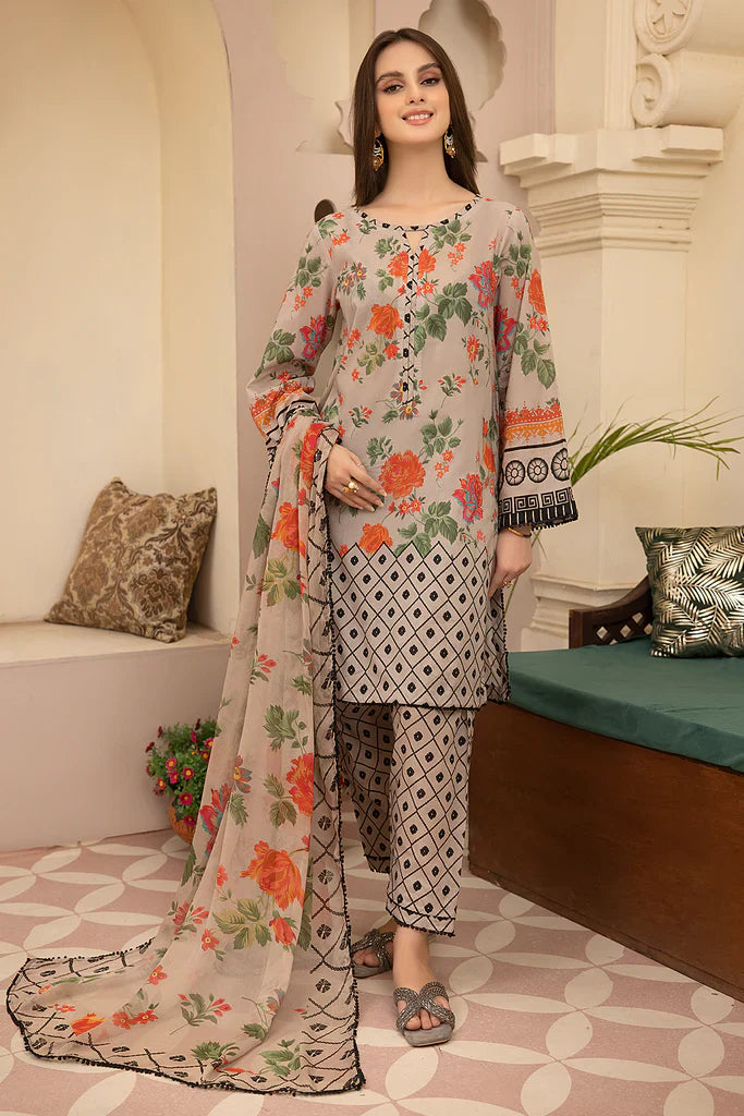 CF700-SUMMER 3Pc Digital Printed Lawn Shirt With Printed Lawn Trouser And Daimond Dupatta