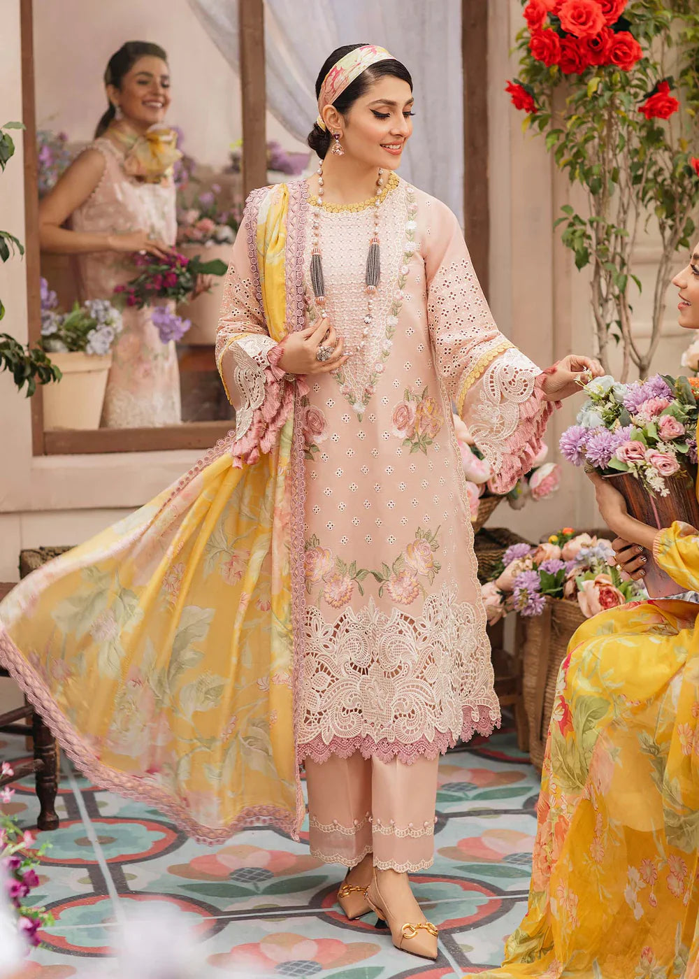 CF079-MUSHQ 3PC EMBROIDERED LAWN SUIT WITH PRINTED SILK DUPATTA