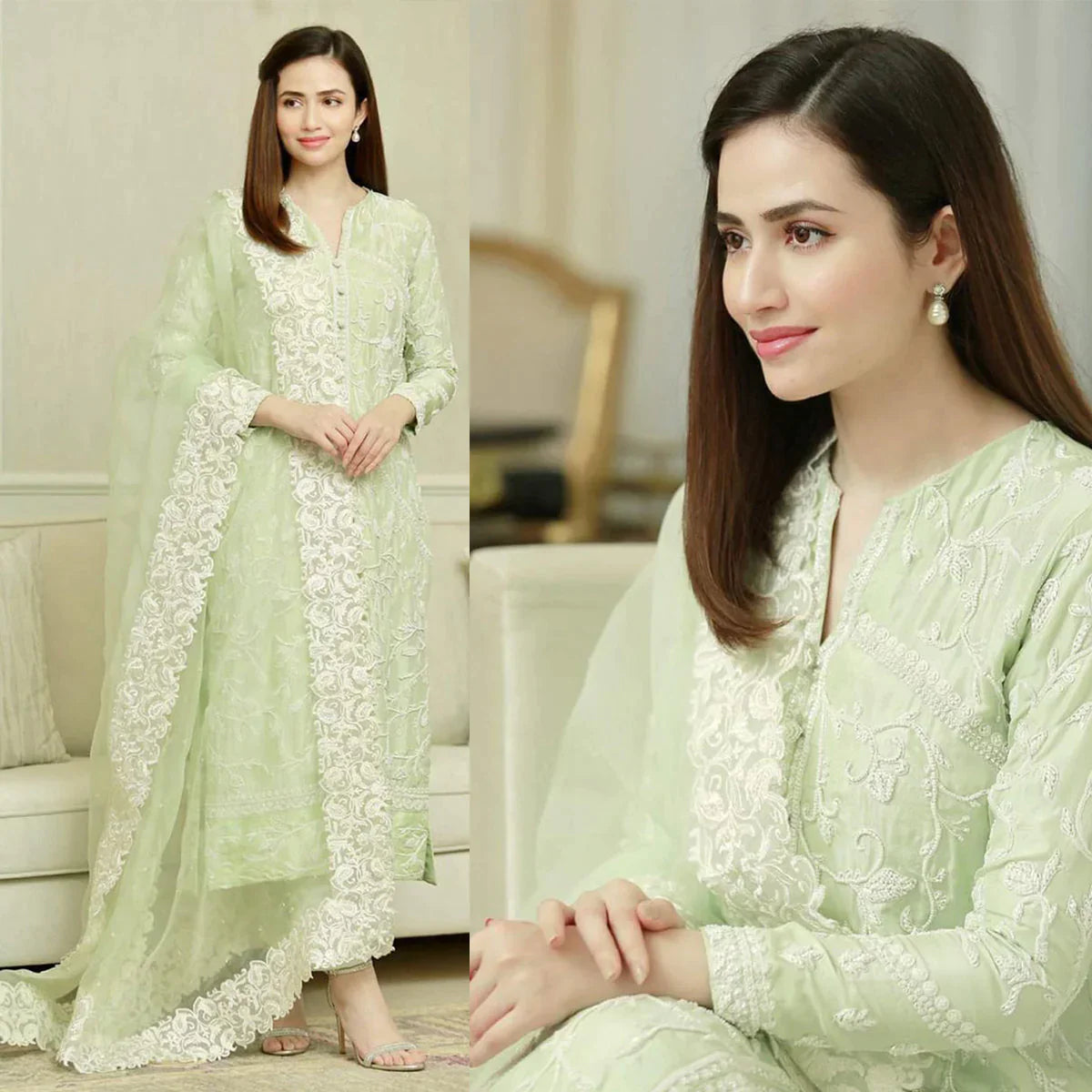 CF001-Pista- 3PC Lawn Heavy Embroidered Shirt With Organza Embroidered Dupatta