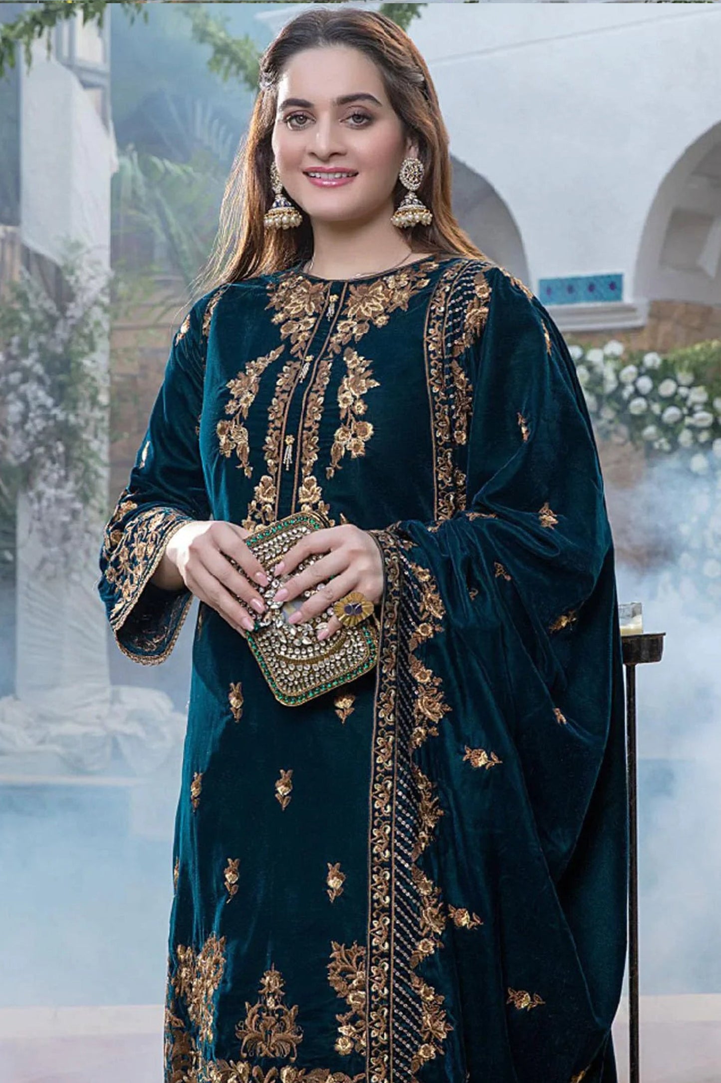 CF402-WINTER Embroidered Velvet Three piece With Velvet Shawl Winter Collection