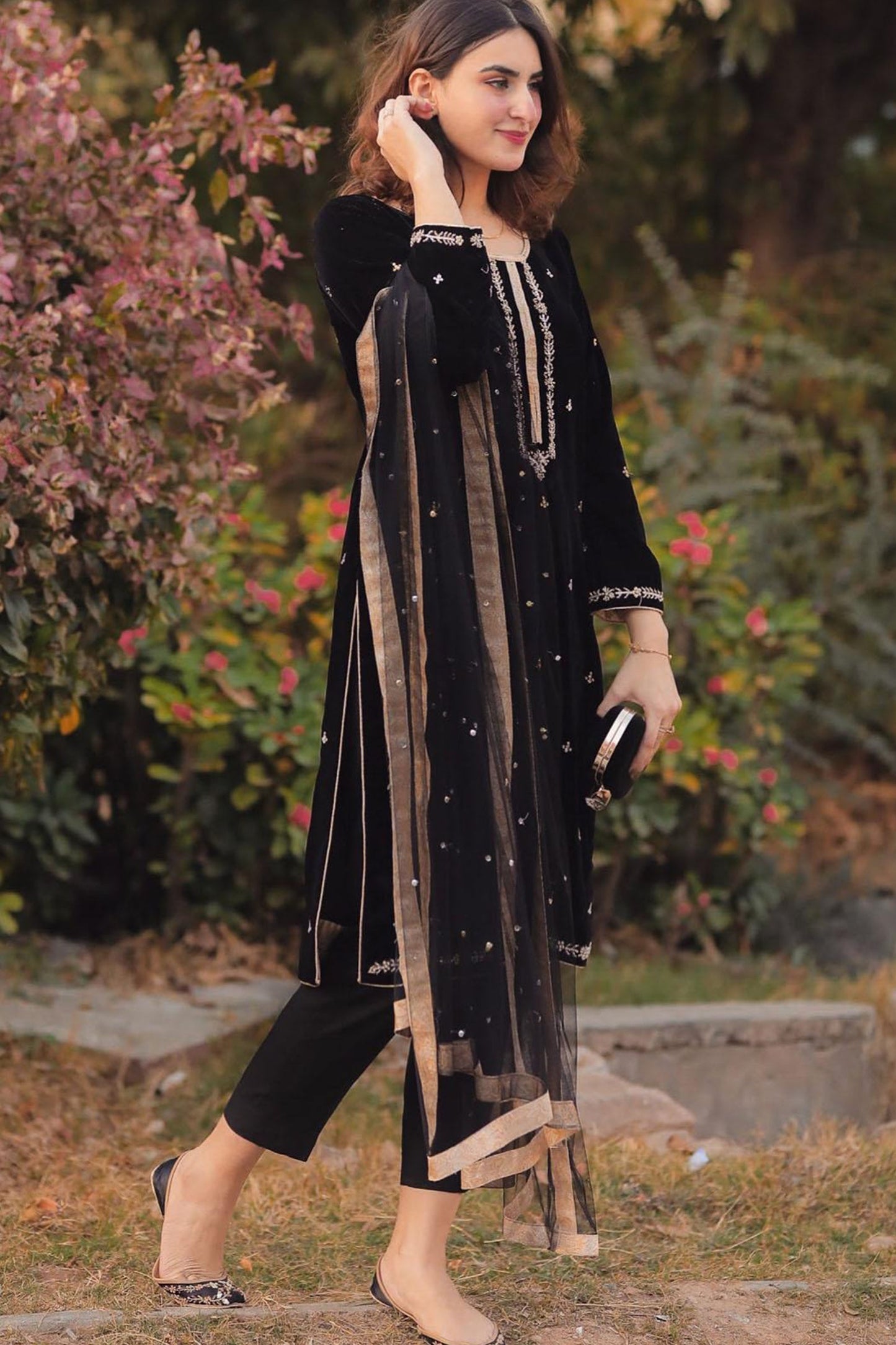 CF409-WINTER Velvet Embroidered  Dress With Organza embroidered Dopata