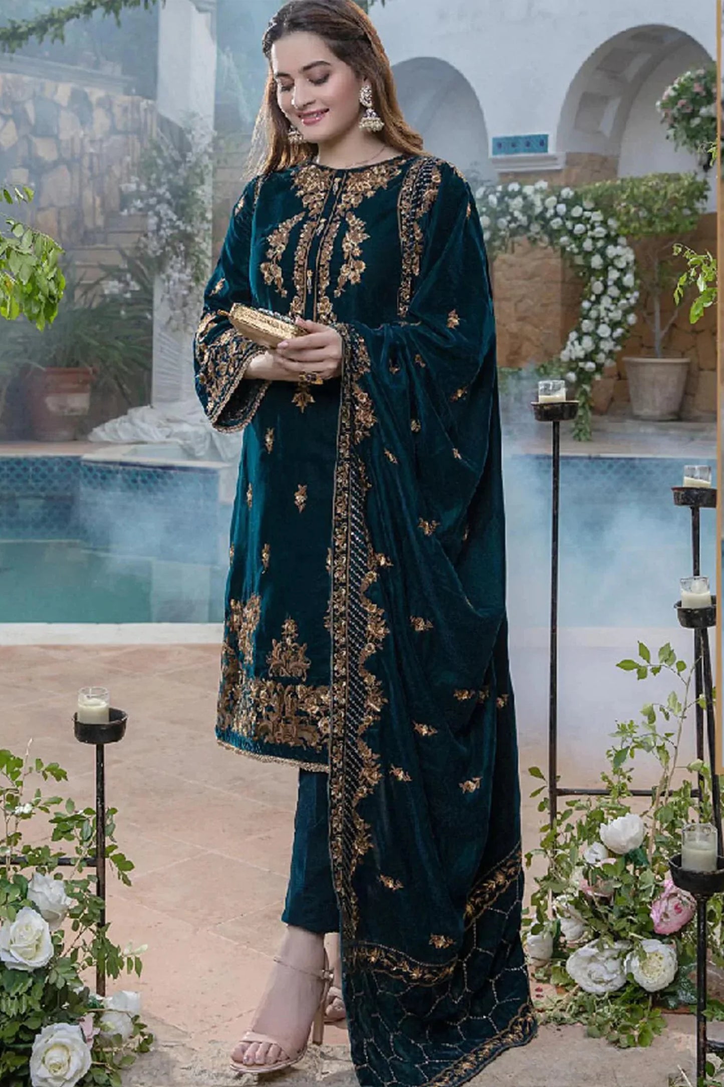 CF402 -WINTER Embroidered Velvet Three piece With Velvet Shawl Winter Collection