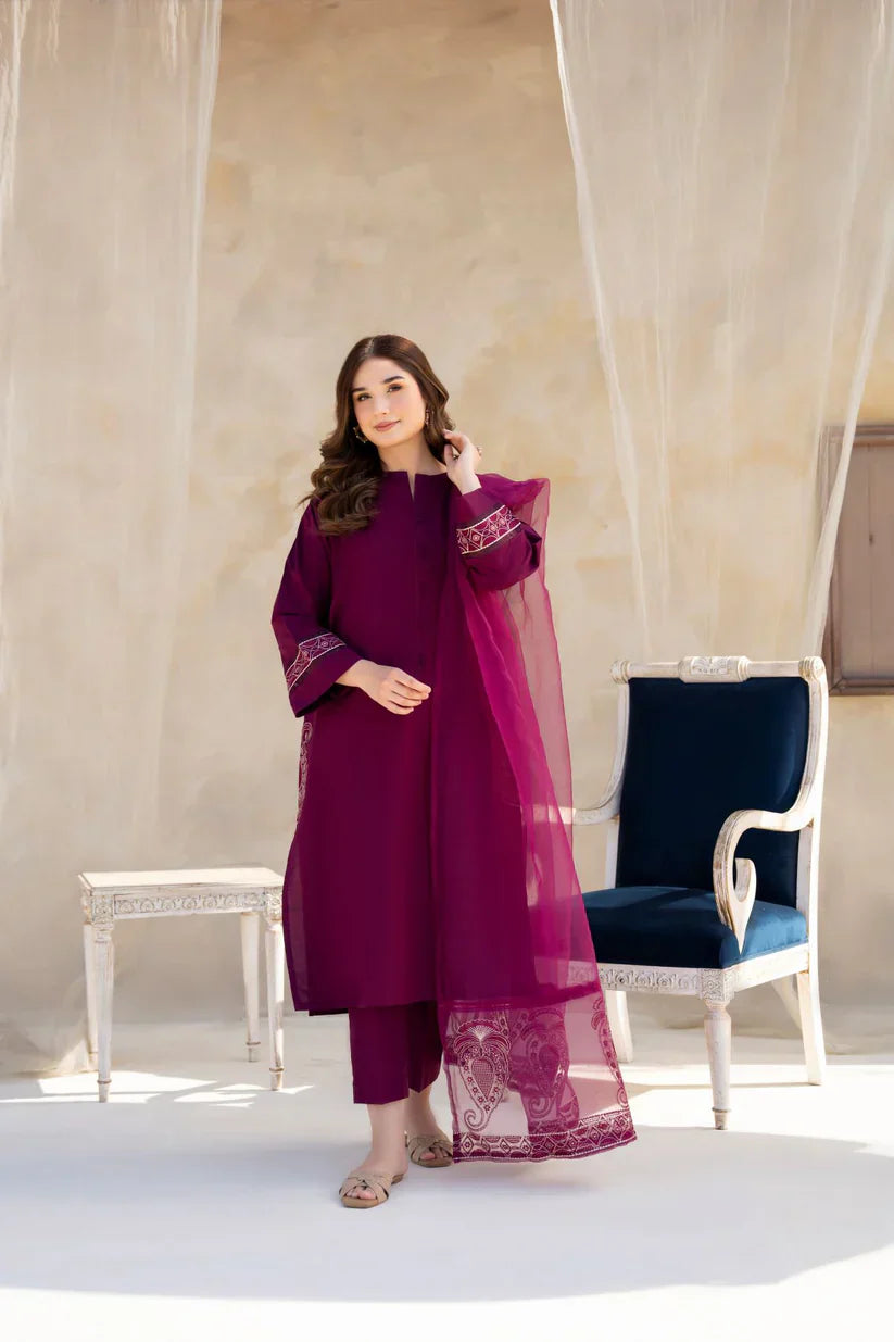 CF763-SUMMER 3PC Lawn Embroidered Shirt With Organza Embroidered Dupatta