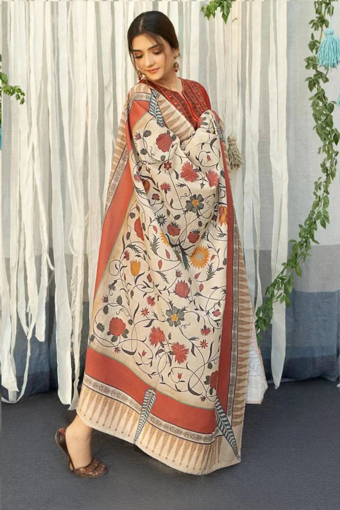CF914 -WINTER 3PC Dhanak Embroidered suit with Printed Shawll