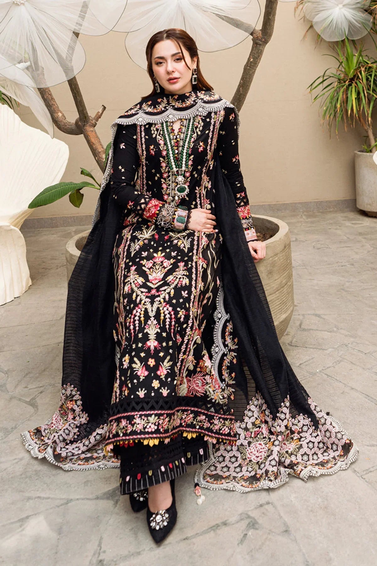 CF1033 - Qalamkar - 3PC Lawn Embroidered Shirt with Embroidered Slub Net Dupatta
