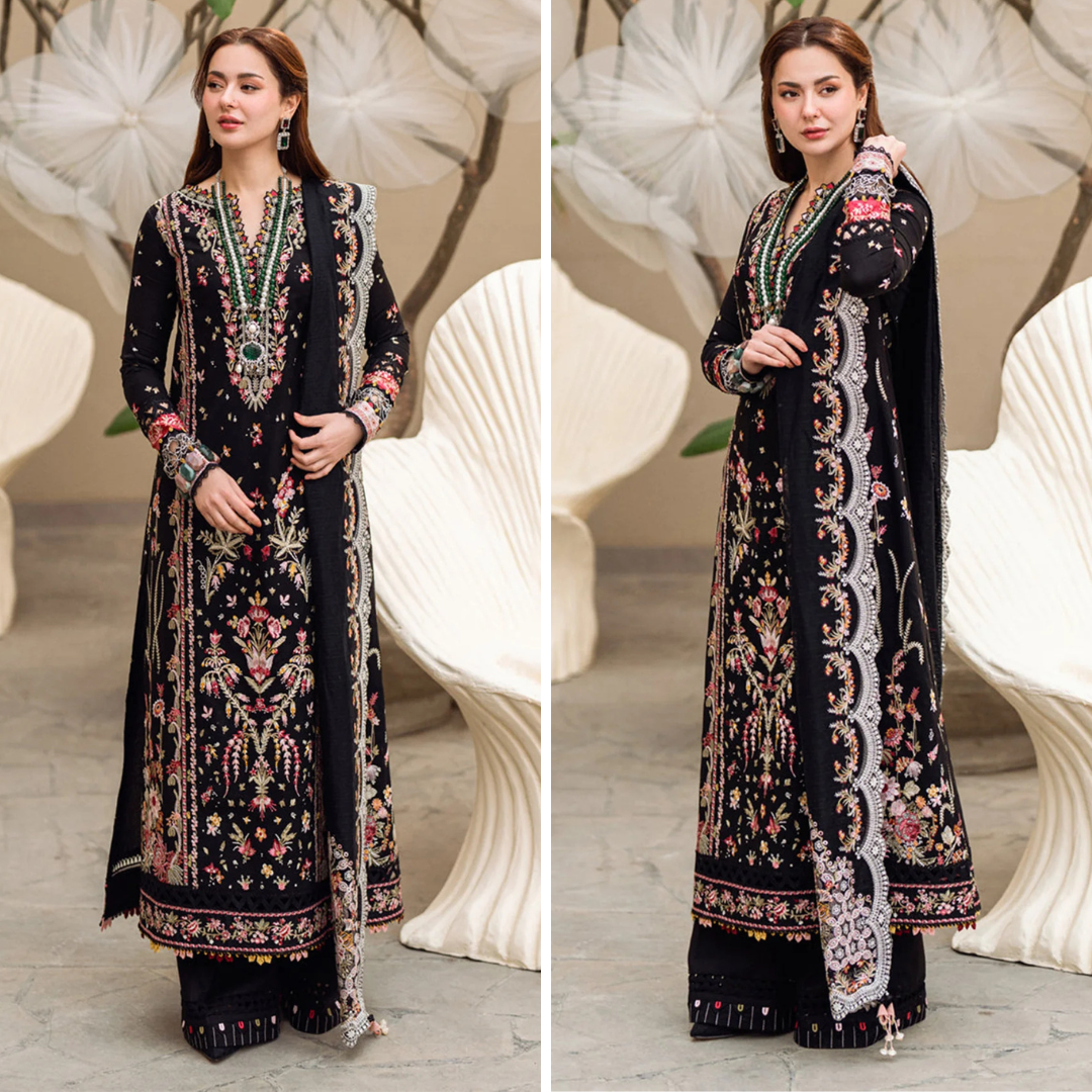 CF1033 - Qalamkar - 3PC Lawn Embroidered Shirt with Embroidered Slub Net Dupatta