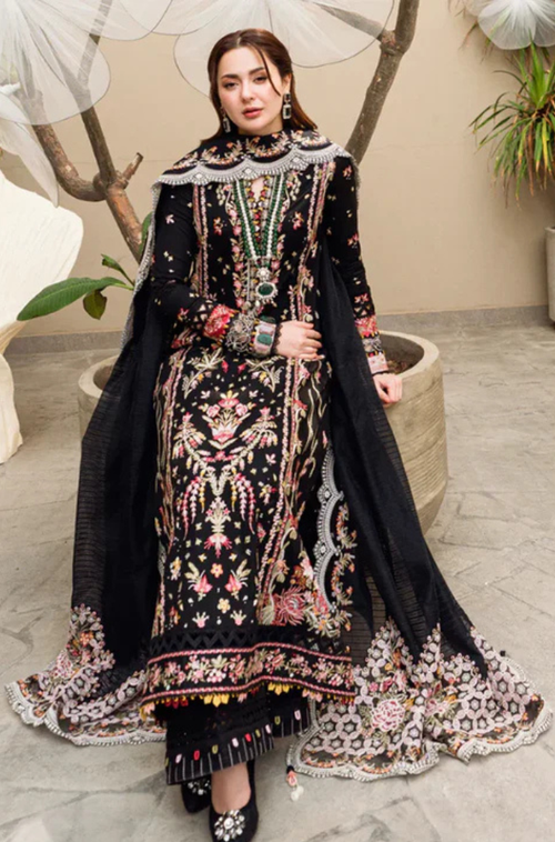 CF1033 - Qalamkar - 3PC Lawn Embroidered Shirt With Embroidered Slub Net Dupatta