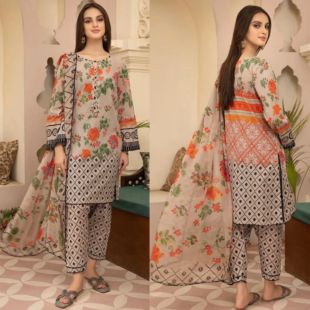 CF700-SUMMER 3Pc Digital Printed Lawn Shirt With Printed Lawn Trouser And Daimond Dupatta
