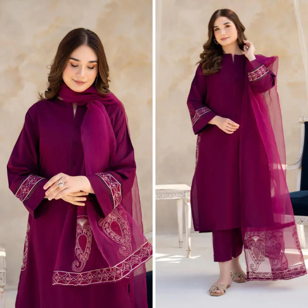 CF763-SUMMER 3PC Lawn Embroidered Shirt With Organza Embroidered Dupatta